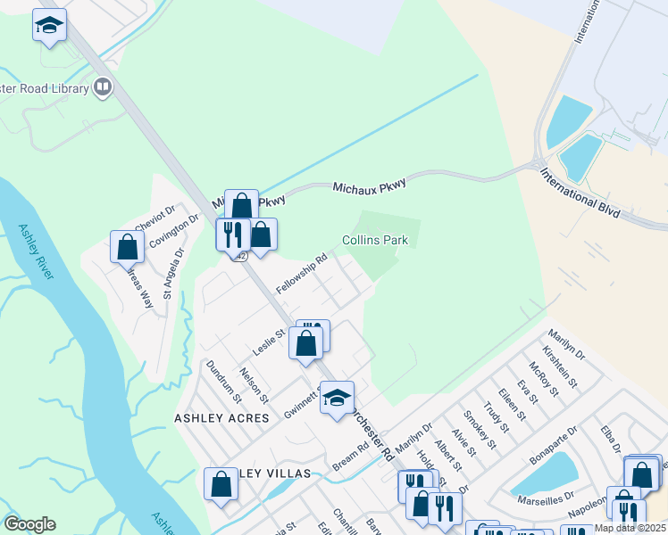 map of restaurants, bars, coffee shops, grocery stores, and more near 5775 Dewsbury Lane in North Charleston