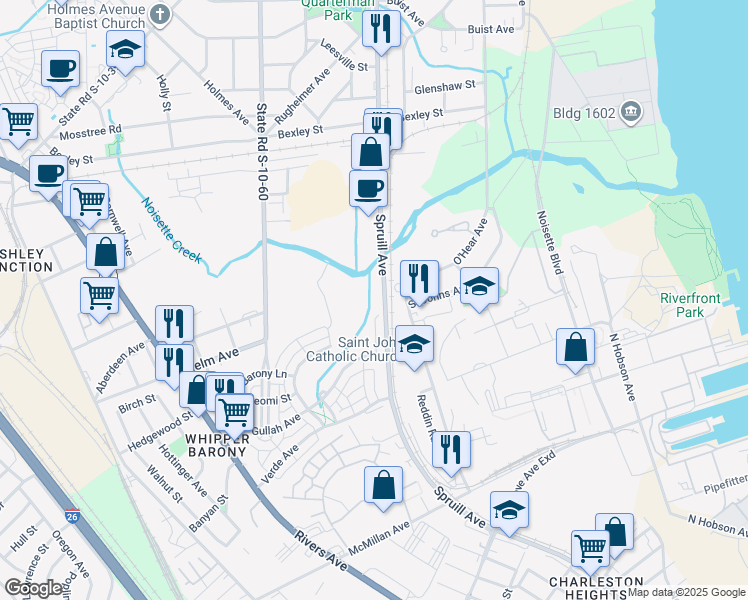 map of restaurants, bars, coffee shops, grocery stores, and more near 4011 Spruill Avenue in North Charleston