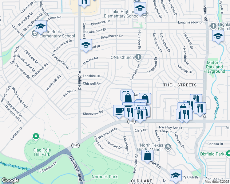 map of restaurants, bars, coffee shops, grocery stores, and more near 8783 Ferndale Road in Dallas