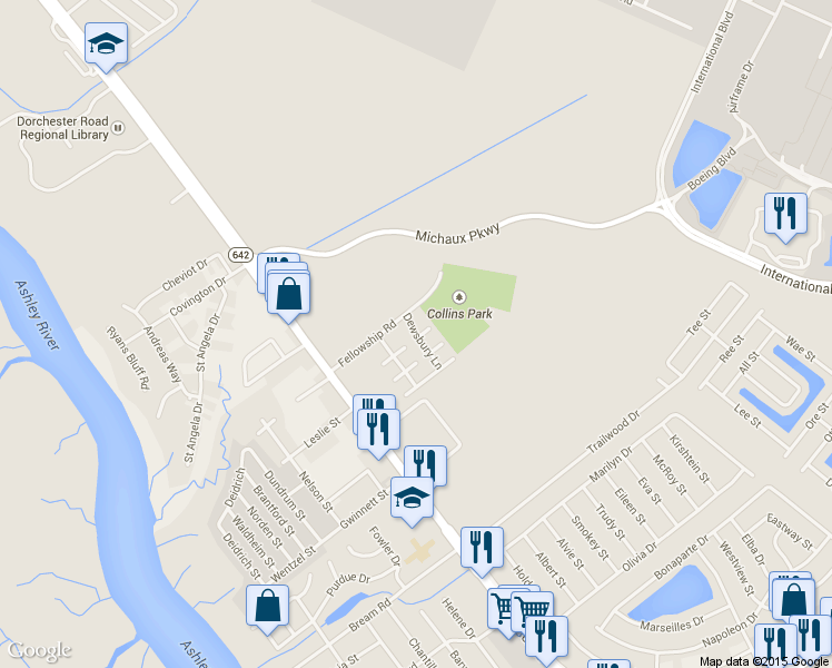 map of restaurants, bars, coffee shops, grocery stores, and more near 5775 Dewsbury Lane in North Charleston
