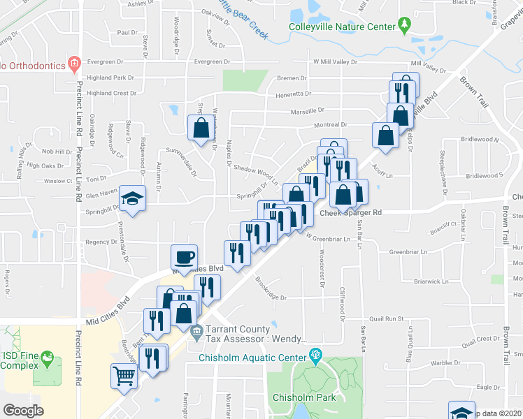 map of restaurants, bars, coffee shops, grocery stores, and more near 2733 Woodbridge Drive in Hurst