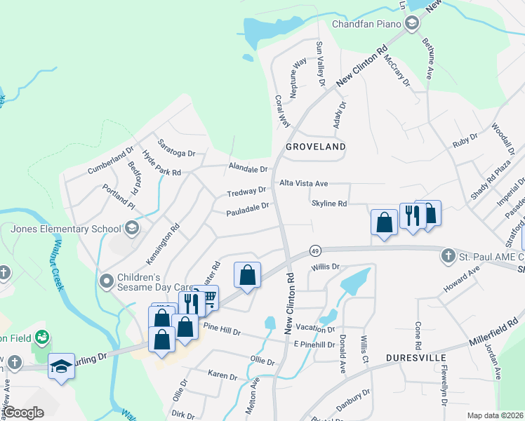 map of restaurants, bars, coffee shops, grocery stores, and more near 2692 Pauladale Drive in Macon