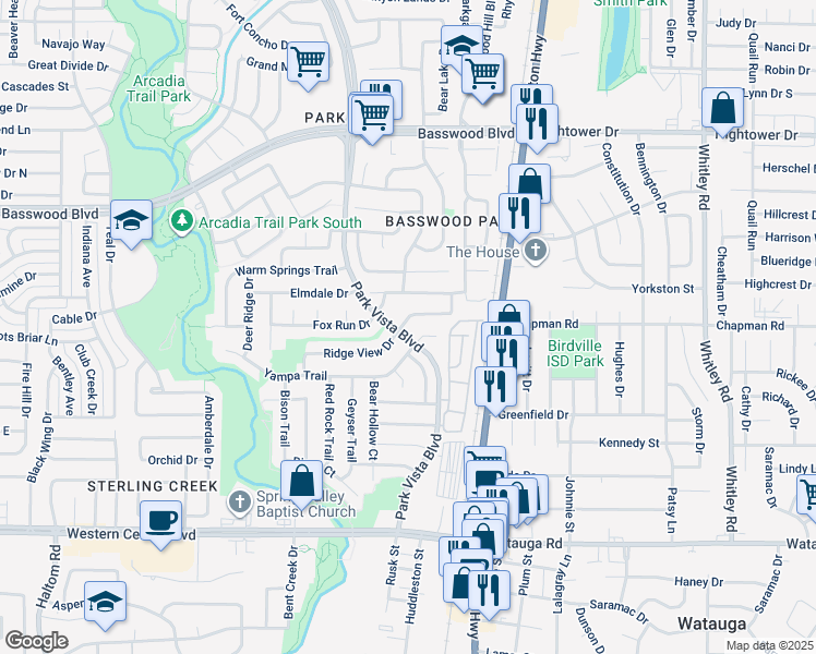 map of restaurants, bars, coffee shops, grocery stores, and more near 5504 Ridge View Drive in Fort Worth