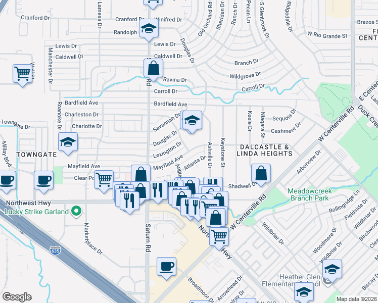 map of restaurants, bars, coffee shops, grocery stores, and more near 1200 Mayfield Avenue in Garland