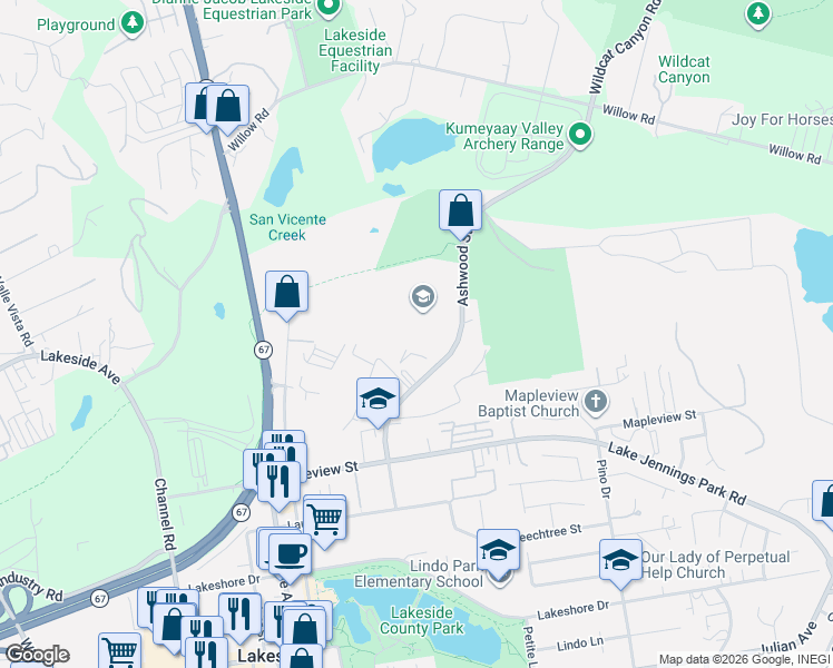 map of restaurants, bars, coffee shops, grocery stores, and more near 10410 Ashwood Street in Lakeside
