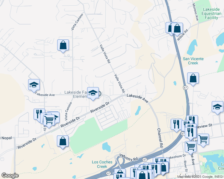 map of restaurants, bars, coffee shops, grocery stores, and more near 12010 Lakeside Court in Lakeside