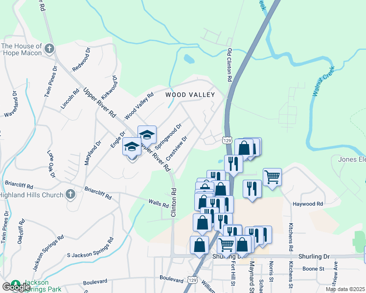 map of restaurants, bars, coffee shops, grocery stores, and more near 1860 Crestview Drive in Macon