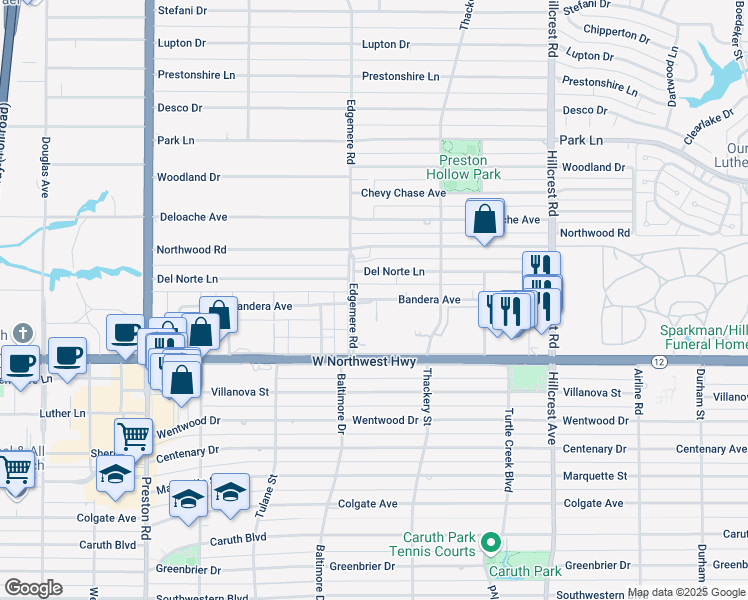 map of restaurants, bars, coffee shops, grocery stores, and more near 6405 Bandera Avenue in Dallas