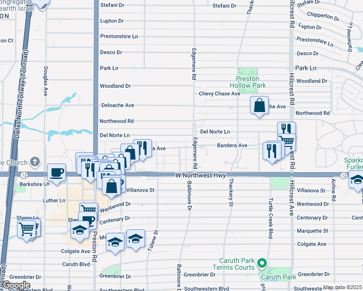 map of restaurants, bars, coffee shops, grocery stores, and more near 6330 Del Norte Lane in Dallas
