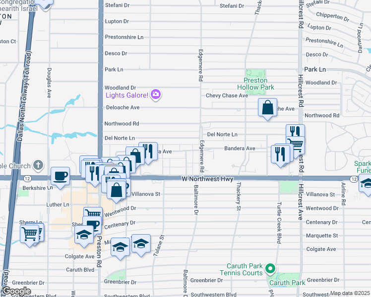 map of restaurants, bars, coffee shops, grocery stores, and more near 6330 Del Norte Lane in Dallas