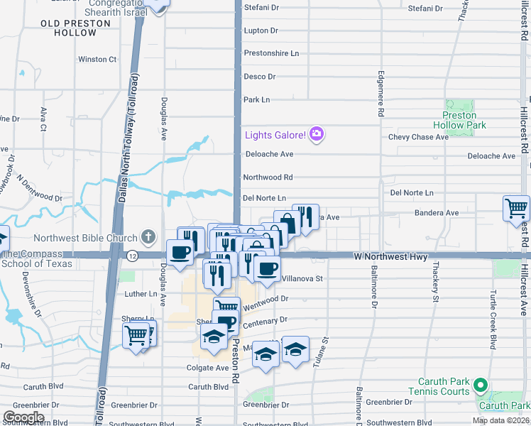 map of restaurants, bars, coffee shops, grocery stores, and more near 6036 Del Norte Lane in Dallas