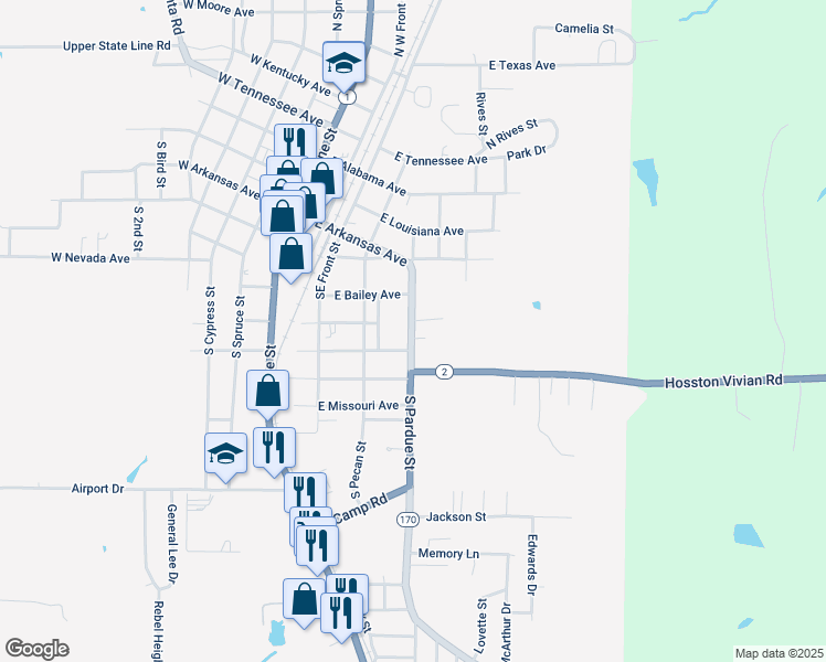 map of restaurants, bars, coffee shops, grocery stores, and more near 350 South Pardue Street in Vivian