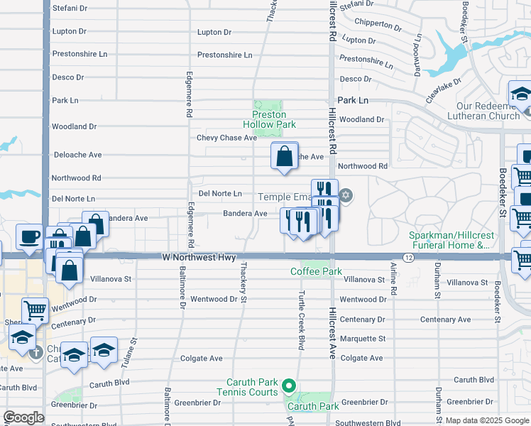 map of restaurants, bars, coffee shops, grocery stores, and more near 6629 Bandera Avenue in Dallas