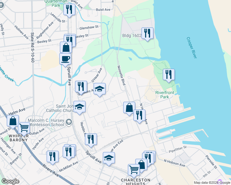 map of restaurants, bars, coffee shops, grocery stores, and more near 2375 Noisette Boulevard in North Charleston