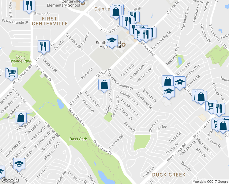 map of restaurants, bars, coffee shops, grocery stores, and more near 3805 Cambridge Drive in Garland