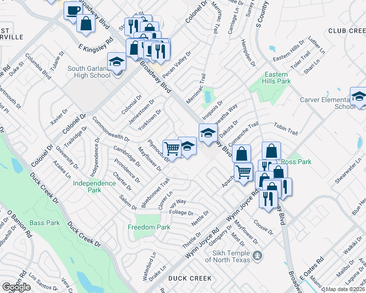 map of restaurants, bars, coffee shops, grocery stores, and more near 3826 Williamsburg Drive in Garland