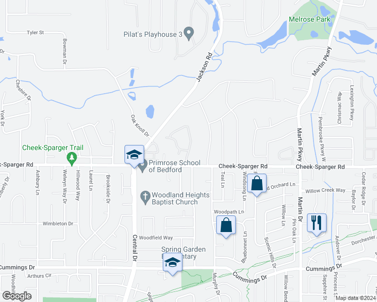 map of restaurants, bars, coffee shops, grocery stores, and more near Buckingham Place in Colleyville