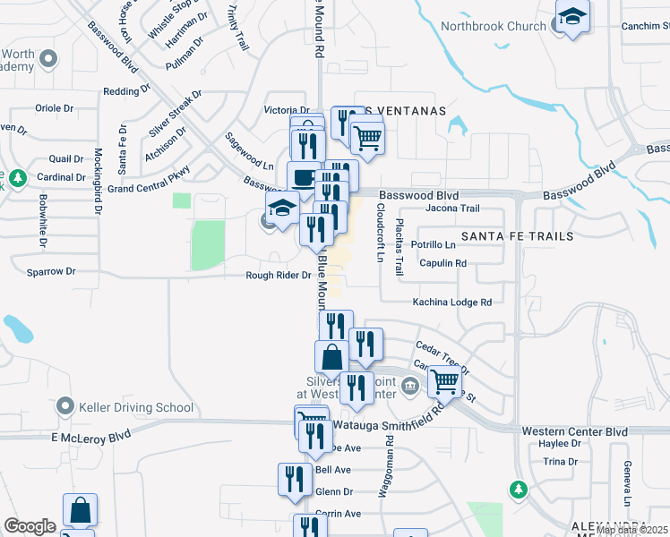 map of restaurants, bars, coffee shops, grocery stores, and more near 6960 Blue Mound Road in Fort Worth