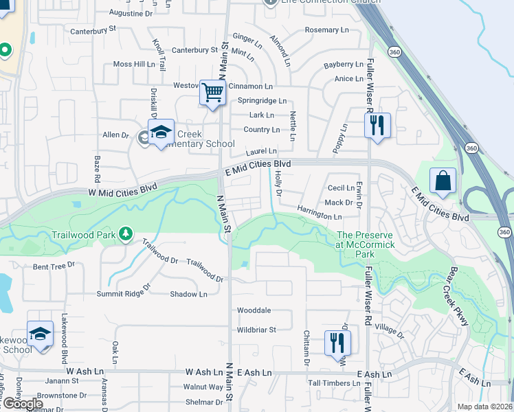 map of restaurants, bars, coffee shops, grocery stores, and more near in Euless