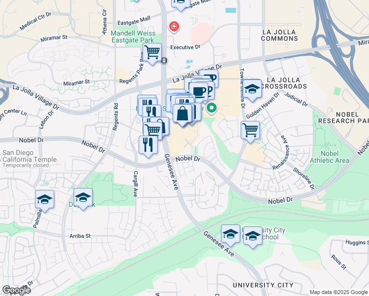 map of restaurants, bars, coffee shops, grocery stores, and more near 8800 Lombard Place in San Diego