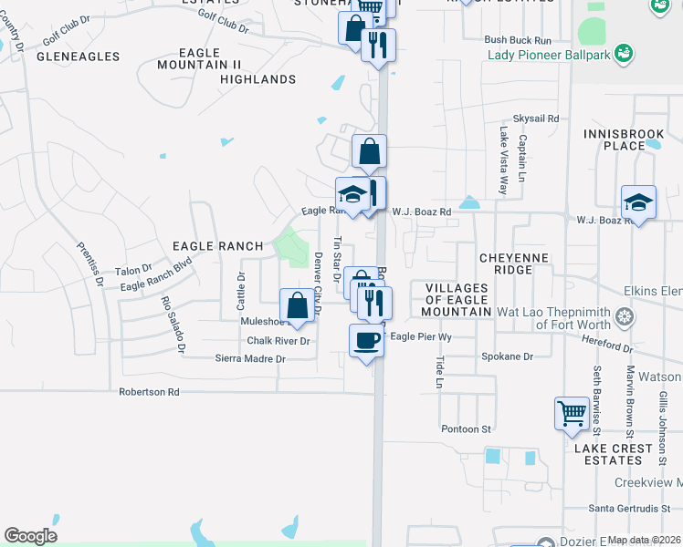 map of restaurants, bars, coffee shops, grocery stores, and more near 7248 Tin Star Drive in Fort Worth