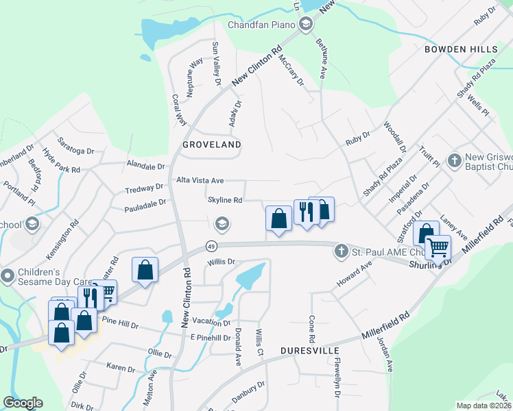 map of restaurants, bars, coffee shops, grocery stores, and more near 2901 Skyline Road in Macon