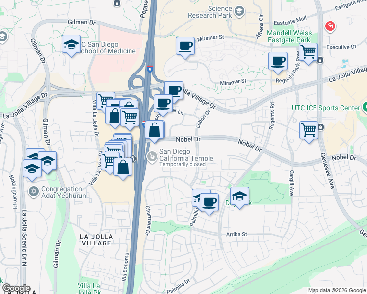 map of restaurants, bars, coffee shops, grocery stores, and more near 8889 Nobel Drive in San Diego