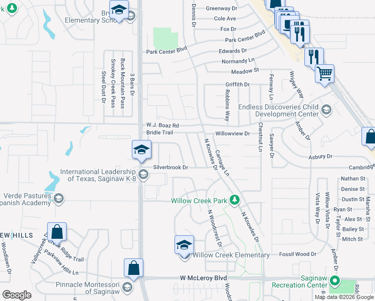 map of restaurants, bars, coffee shops, grocery stores, and more near 633 Crystal Brook Drive in Saginaw