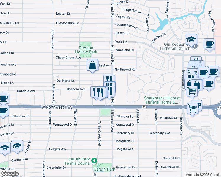 map of restaurants, bars, coffee shops, grocery stores, and more near 6874 Bandera Avenue in Dallas