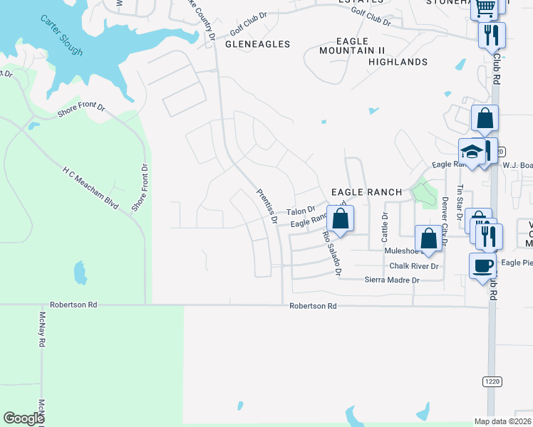 map of restaurants, bars, coffee shops, grocery stores, and more near 7020 Talon Bluff Drive in Fort Worth