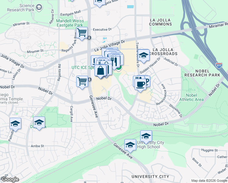 map of restaurants, bars, coffee shops, grocery stores, and more near 4437 Via Precipicio in San Diego