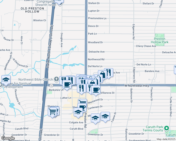 map of restaurants, bars, coffee shops, grocery stores, and more near 8611 Townhouse Row in Dallas