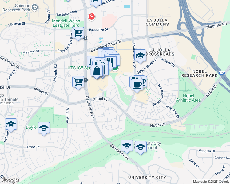 map of restaurants, bars, coffee shops, grocery stores, and more near 4468 Via Brillante in San Diego