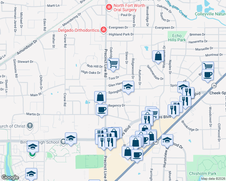 map of restaurants, bars, coffee shops, grocery stores, and more near 740 Springhill Drive in Hurst