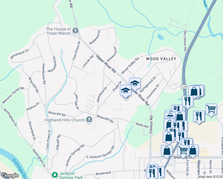 map of restaurants, bars, coffee shops, grocery stores, and more near 1576 Engle Drive in Macon