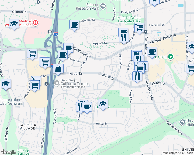 map of restaurants, bars, coffee shops, grocery stores, and more near 3925 Nobel Drive in San Diego