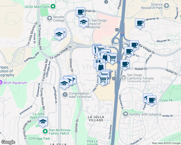 map of restaurants, bars, coffee shops, grocery stores, and more near 3183 Morning Way in San Diego