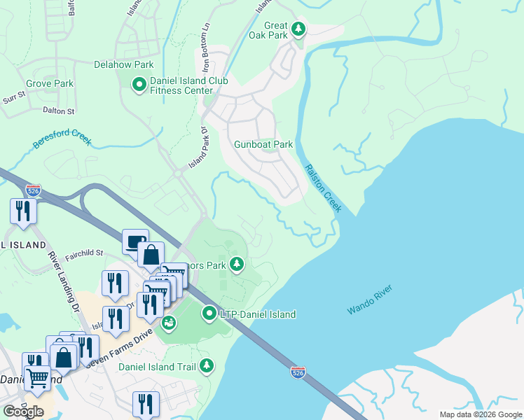 map of restaurants, bars, coffee shops, grocery stores, and more near 225 King George Street in Charleston