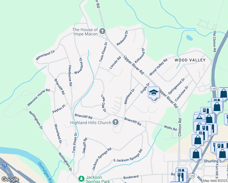 map of restaurants, bars, coffee shops, grocery stores, and more near 1783 Lincoln Circle in Macon