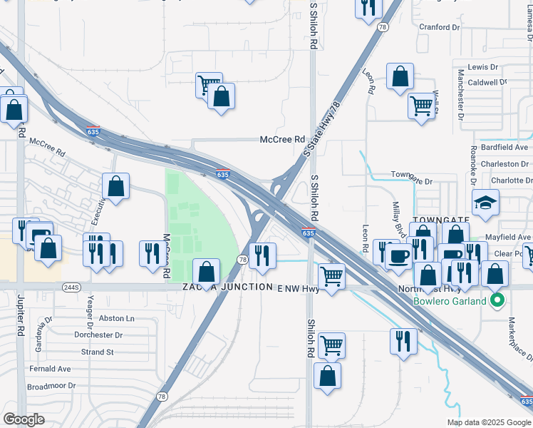 map of restaurants, bars, coffee shops, grocery stores, and more near Lyndon B Johnson Freeway in Garland
