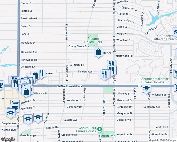 map of restaurants, bars, coffee shops, grocery stores, and more near 6535 Bandera Avenue in Dallas