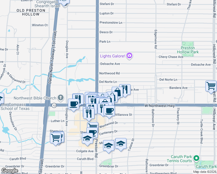 map of restaurants, bars, coffee shops, grocery stores, and more near 6036 Del Norte Lane in Dallas