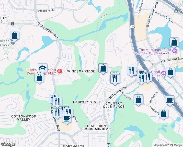 map of restaurants, bars, coffee shops, grocery stores, and more near 4774 Byron Circle in Irving