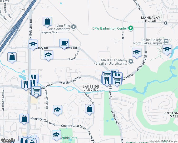map of restaurants, bars, coffee shops, grocery stores, and more near 2727 West Walnut Hill Lane in Irving