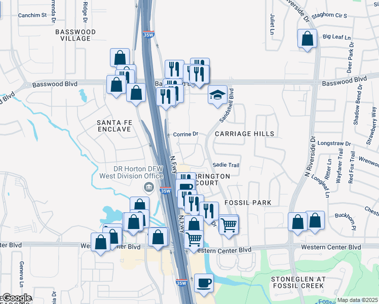 map of restaurants, bars, coffee shops, grocery stores, and more near 7073 Terra Meadows Lane in Fort Worth