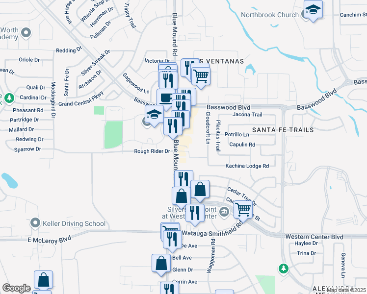 map of restaurants, bars, coffee shops, grocery stores, and more near 6960 Blue Mound Road in Fort Worth