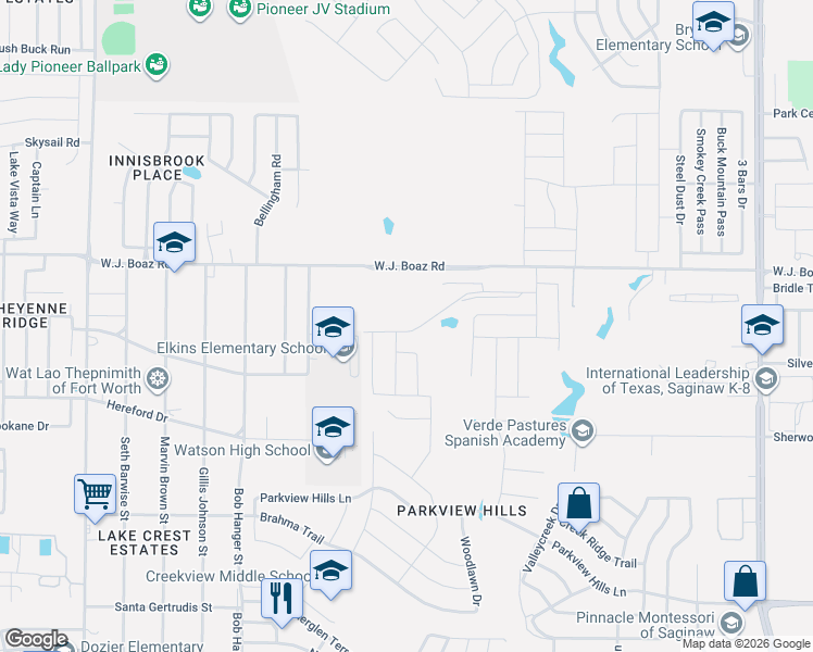map of restaurants, bars, coffee shops, grocery stores, and more near 5581-5651 Wj Boaz Road in Fort Worth