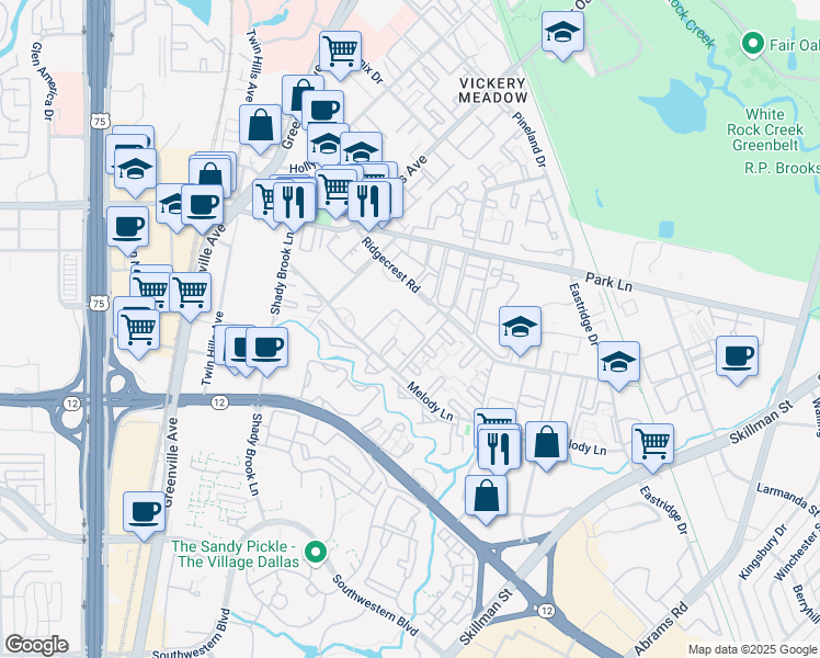 map of restaurants, bars, coffee shops, grocery stores, and more near 6117 Melody Lane in Dallas