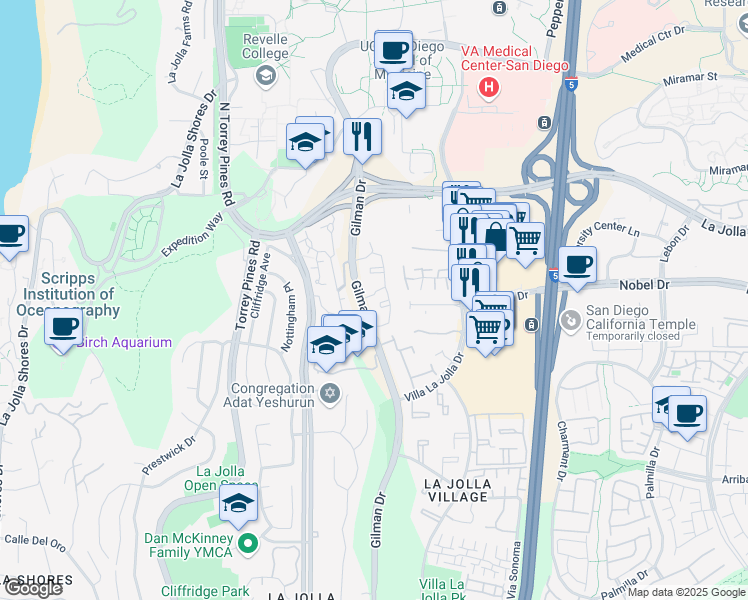 map of restaurants, bars, coffee shops, grocery stores, and more near 8803 Gilman Drive in San Diego