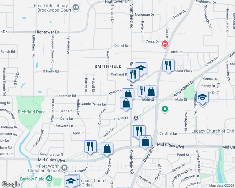 map of restaurants, bars, coffee shops, grocery stores, and more near 7844 Chapman Drive in Fort Worth